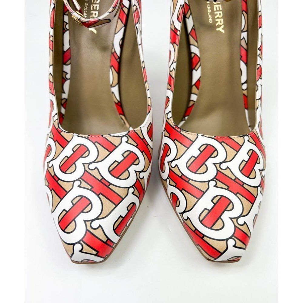 NWT BURBERRY Runway Red & Beige TB Monogram Logomania Ankle Strap Pumps … - Picture 6 of 13
